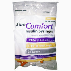 SureComfort U-100 Insulin Syringes - 1/2 Unit - 31 G 3/10 cc 5/16" - Polybag of 10 Ct