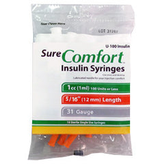 SureComfort U-100 Insulin Syringes Short Needle - 31G 1cc 5/16" - Polybag of 10 Ct