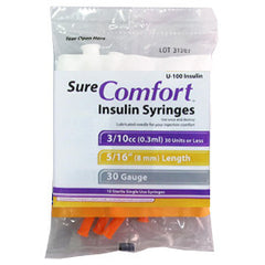 SureComfort U-100 Insulin Syringes - 30G 3/10cc 5/16" - Polybag of 10 Ct