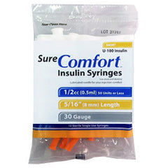 SureComfort U-100 Insulin Syringes - 30G 1/2cc 5/16" - Polybag of 10 Ct