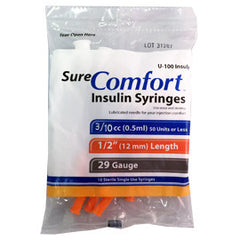 SureComfort U-100 Insulin Syringes - 29G 3/10cc 1/2" - Polybag of 10 Ct