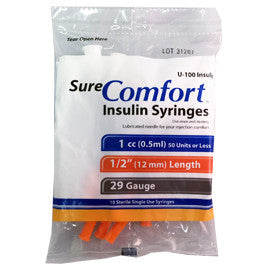 SureComfort U-100 Insulin Syringes - 29G 1cc 1/2" - Polybag of 10 Ct