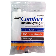 SureComfort U-100 Insulin Syringes - 29G 1cc 1/2" - Polybag of 10 Ct
