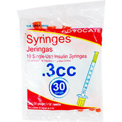 Advocate Insulin Syringes - 30G 3/10cc 5/16" - Polybag of 10 Ct