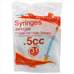 Advocate Insulin Syringes - 31G 1/2cc 5/16" - Polybag of 10 Ct