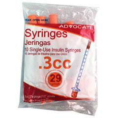 Advocate Insulin Syringes - 29G 3/10cc 1/2" - Polybag of 10 Ct