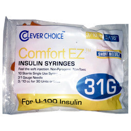 Clever Choice Comfort EZ Insulin Syringes - 31G U-100 3/10 cc 5/16" - Polybag of 10 Ct