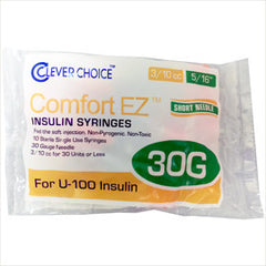 Clever Choice Comfort EZ Insulin Syringes - 30G U-100 3/10 cc 5/16" - Polybag of 10 Ct
