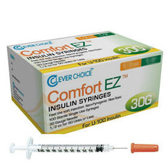Clever Choice Comfort EZ Insulin Syringes - 30G U-100 1/2 cc 5/16" - BX 100