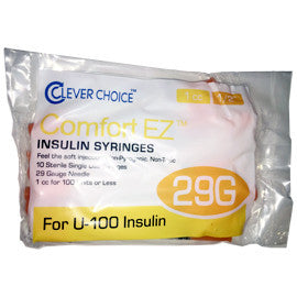 Clever Choice Comfort EZ Insulin Syringes - 29G U-100 1/2 cc 1/2" - Polybag of 10 Ct