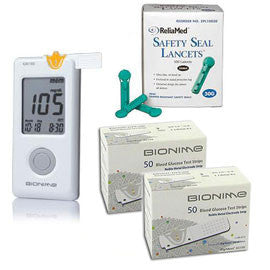 Bionime GM100 Blood Glucose Meter Kit Combo (Meter Kit, Test Strips 100ct and Reliamed Safety Seal Lancets 100ct)
