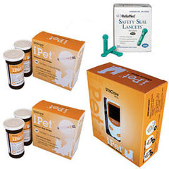 iPet Blood Glucose Meter Kit Combo (Meter Kit, Test Strips 100ct and Reliamed Safety Seal Lancets 100ct)
