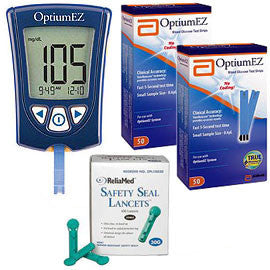MediSense Optium EZ Diabetes Meter Kit Combo (Meter Kit, Test Strips 100ct, and Reliamed Safety Seal Lancets 100ct)