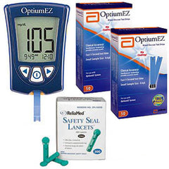 MediSense Optium EZ Diabetes Meter Kit Combo (Meter Kit, Test Strips 100ct, and Reliamed Safety Seal Lancets 100ct)
