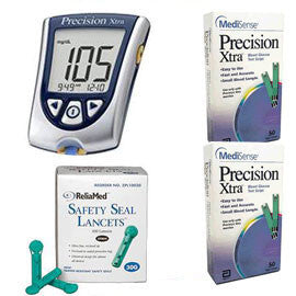 Precision Xtra Glucose Meter Kit  Combo (Meter Kit,Test Strips 100ct, and and Reliamed Safety Seal Lancets 100ct)