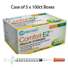 Case of 5 Clever Choice Comfort EZ Insulin Syringes - 30G U-100 1 cc 5/16" - BX 100