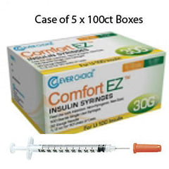 Case of 5 Clever Choice Comfort EZ Insulin Syringes - 30G U-100 1/2 cc 5/16" - BX 100