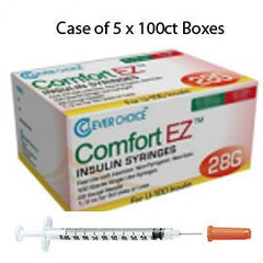 Case of 5 Clever Choice Comfort EZ Insulin Syringes - 28G U-100 1/2 cc 1/2" - BX 100