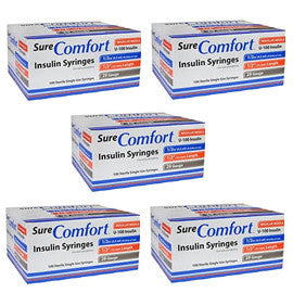 SureComfort U-100 Insulin Syringes 29g 1/2cc 1/2in 100/bx Case of 5