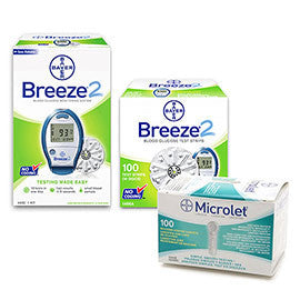 Bayer Breeze 2 Diabetes Monitoring Kit Combo (Meter Kit, Breeze2 Test Strips 100ct and Microlet 100ct)